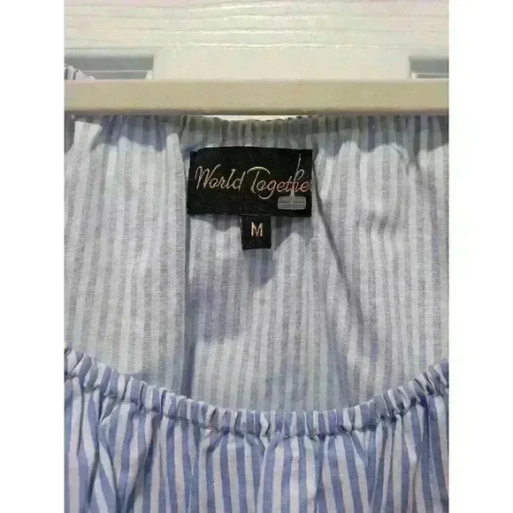 World Together Roses Crop Top MEDIUM Blue White Striped Embroidered Roses Ruffle - Picture 2 of 10
